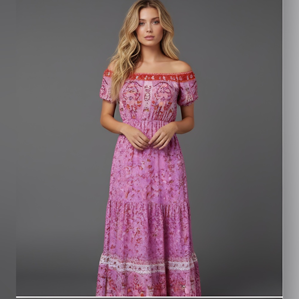 Off-Shoulder Short Sleeve Floral Printed Dress Purple/Pink